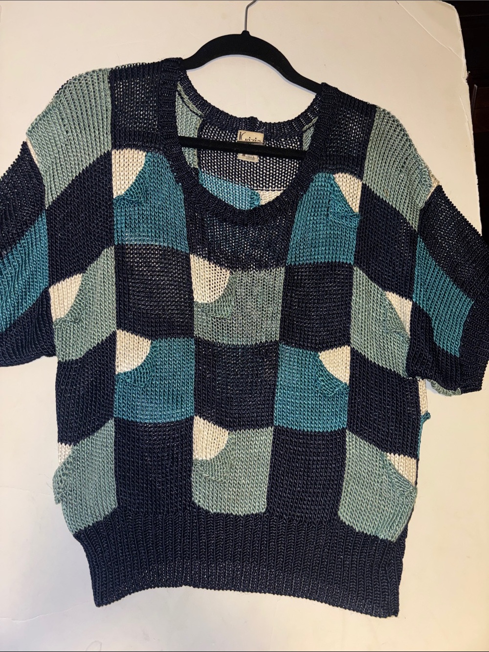 KRIZIA MAGLIA RAYON SWEATER SHADES OF BLUE GREEN WHITE SQUARES WITH FOLD DESIGN